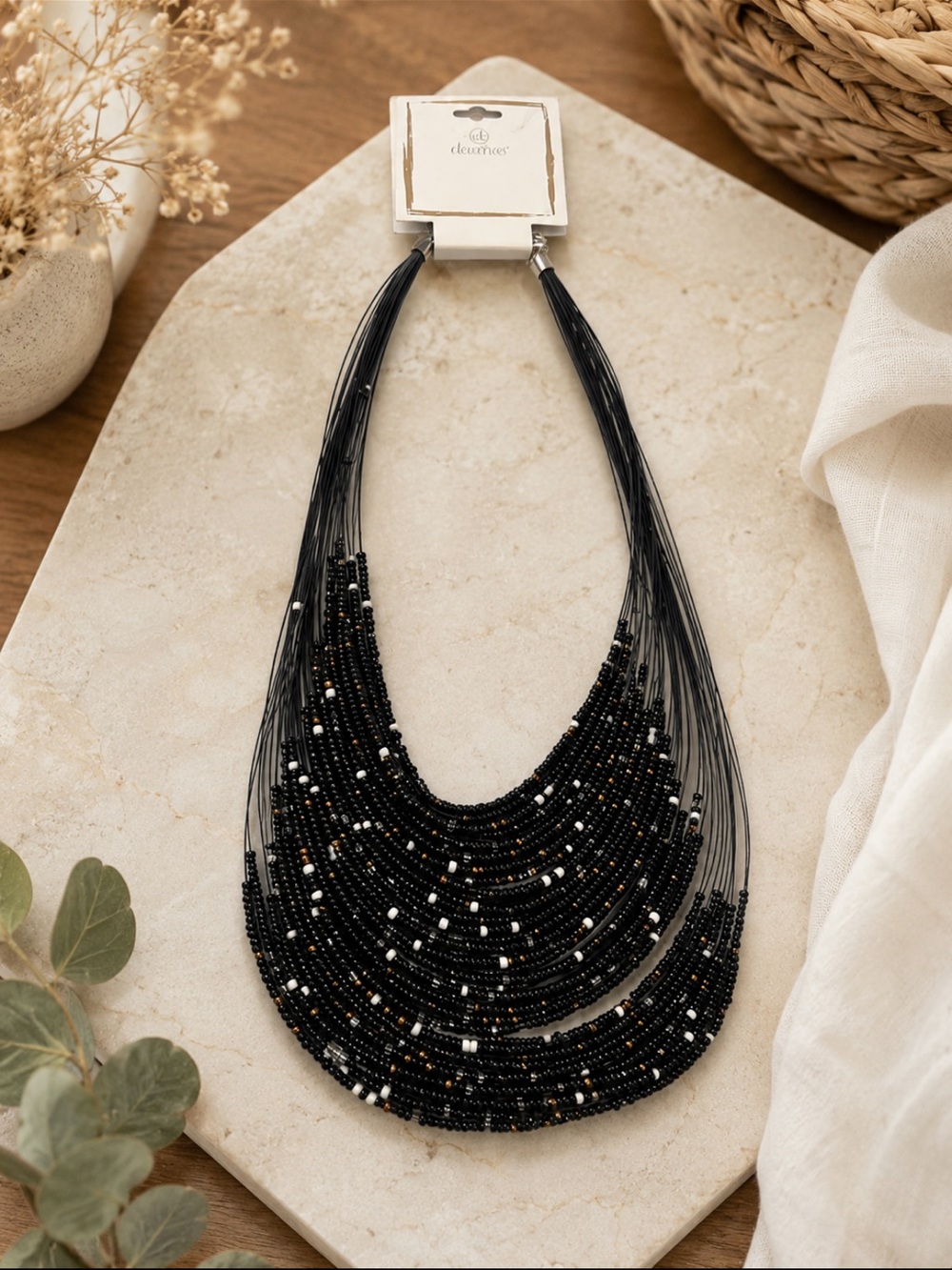 Decree Black Multi-Strand Beaded Necklace with White and Metallic Accents